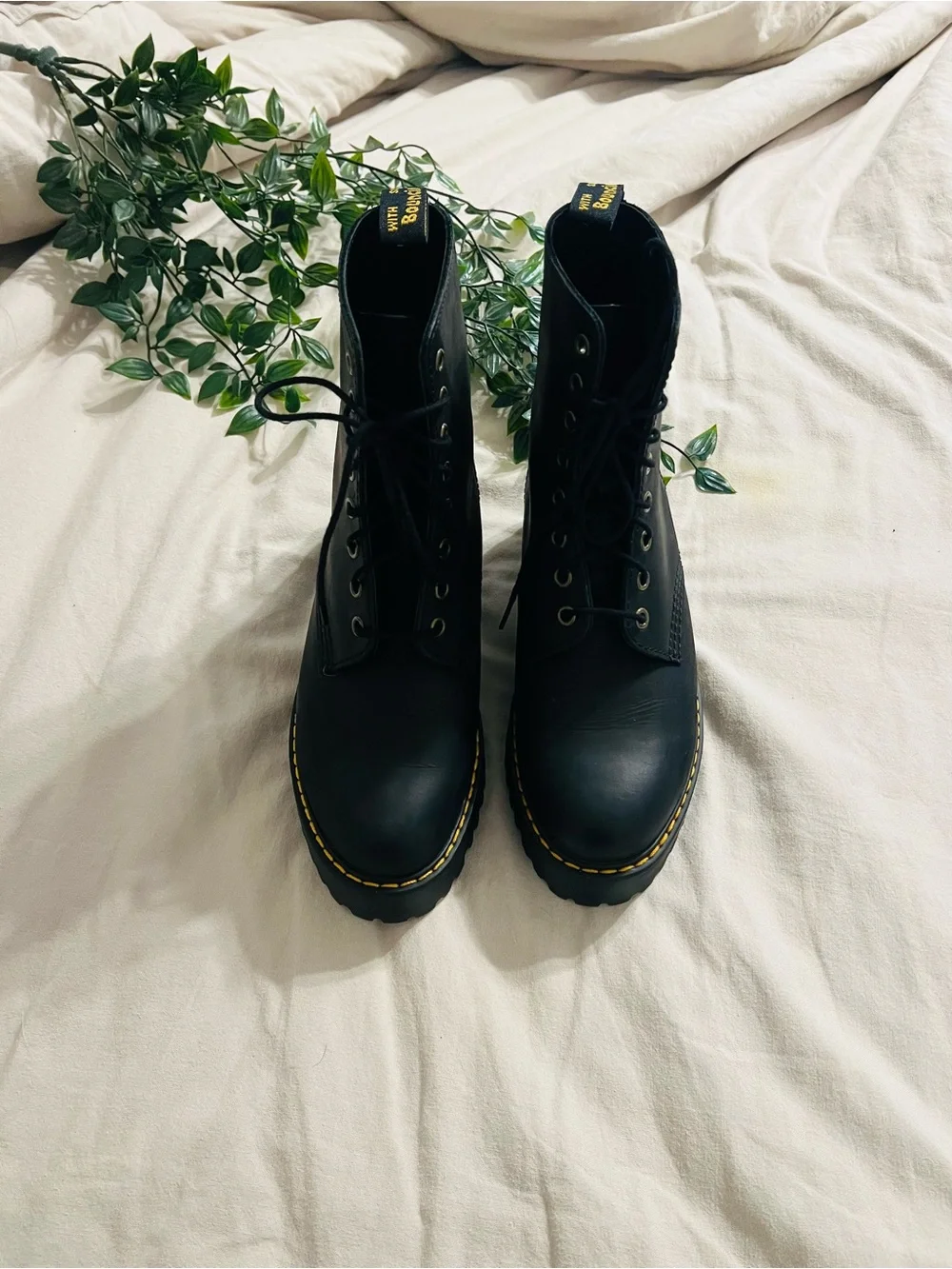 Dr. Martens Black Lug Platform Lace-Up Boots with Yellow Stitching - Picture 3 of 6